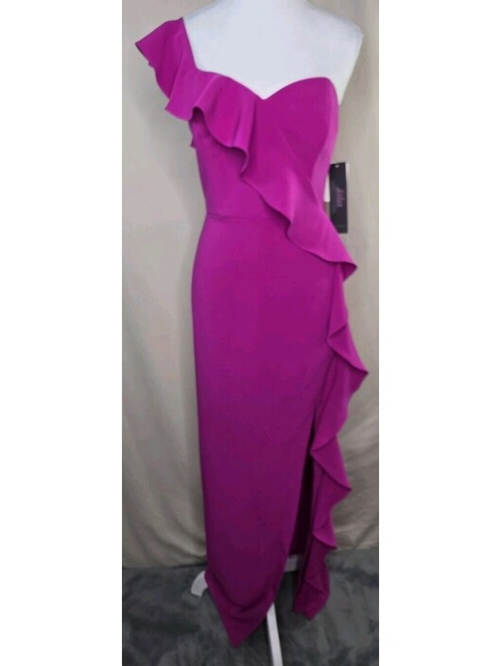 Aidan Papell Ruffle Sheath Dress 6 Magenta One Shoulder Slit NWT